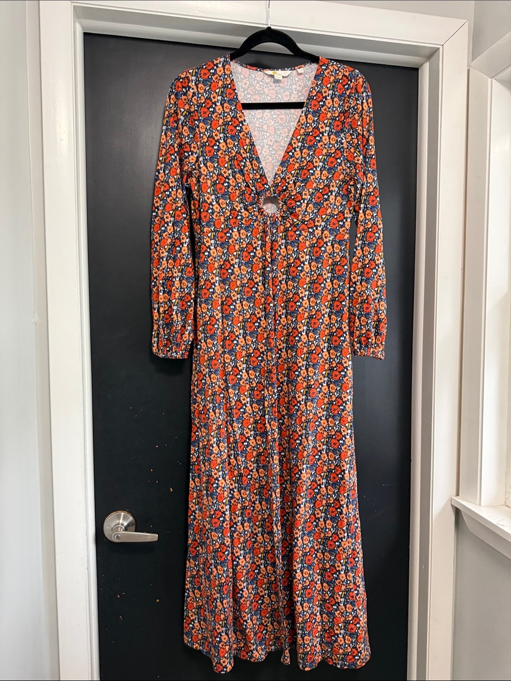 Boden Orange and Navy Floral V‑Neck Maxi Dress